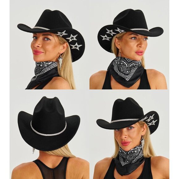 Cowboy Hat Set Felt Rhinestone Belt Stars Sunglasses Bandana Earrings